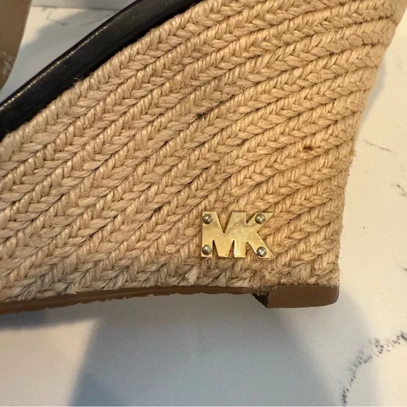 Michael Kors Leather T-Strap Zip Up Wedge Espadrille Black Sandals Women’s 7 GUC - Picture 9 of 11